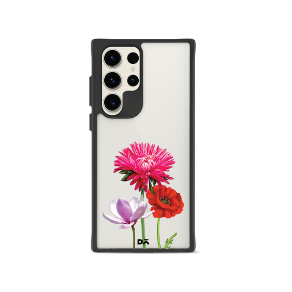 DailyObjects Clear Pink Red & White Flowers Black Hybrid Clear Case Cover For Samsung Galaxy S23 Ultra