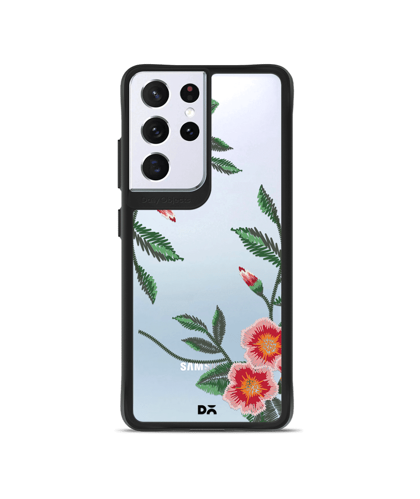 Flower Embroidery Black Hybrid Clear Case Cover For Samsung Galaxy S21 Ultra