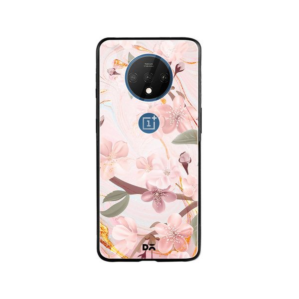 DailyObjects Pink & Gold Marble Flowers Glass Case Cover For OnePlus 7T