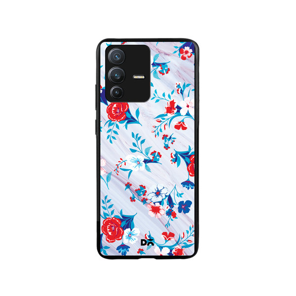 

DailyObjects Red & White Marble Flowers Glass Case Cover For Vivo V23