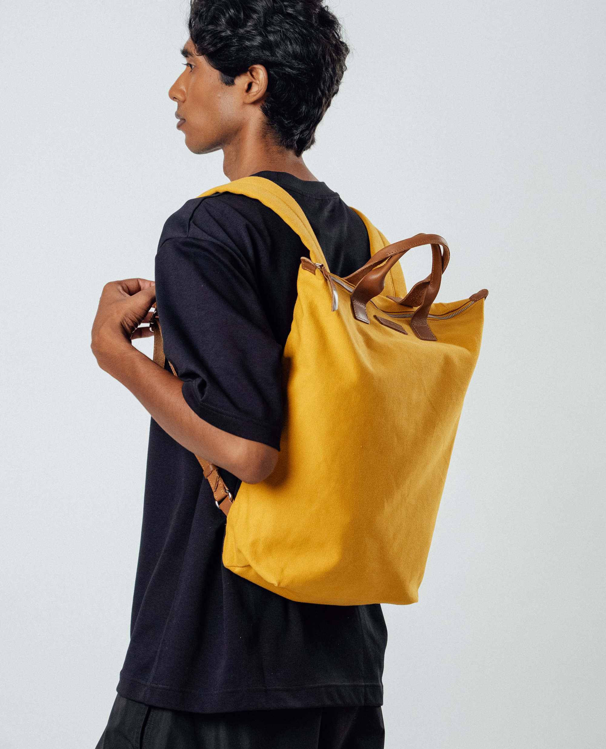 Mustard backpack, mustard fabric offers backpack with leather handles, light mustard yellow city backpack