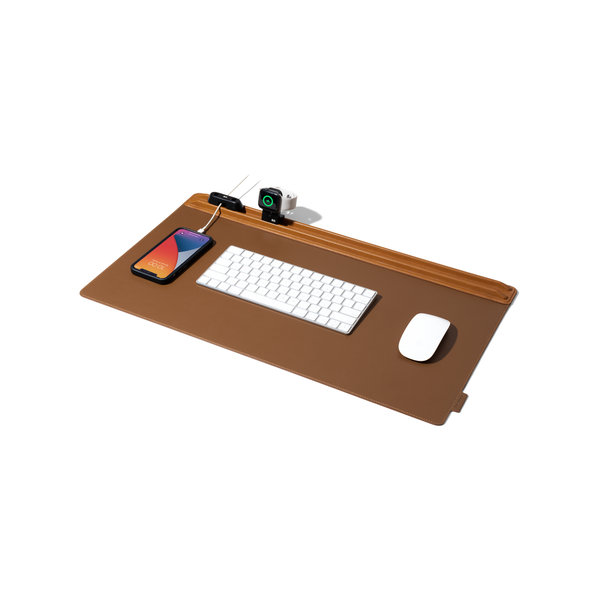 

Tan-Brown Snap On Organiser Desk Mat with Cable Holder + Apple Watch Charging Stand