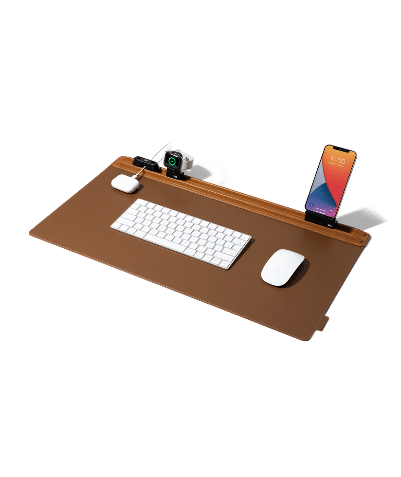 Tan-Brown Snap On Organiser Desk Mat with Cable Holder Phone Mount  Apple Watch Charging Stand
