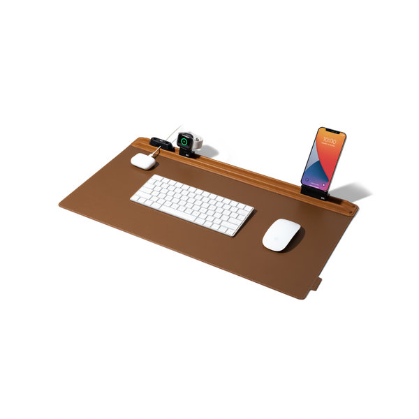 

Tan-Brown Snap On Organiser Desk Mat with Cable Holder + Phone Mount + Apple Watch Charging Stand